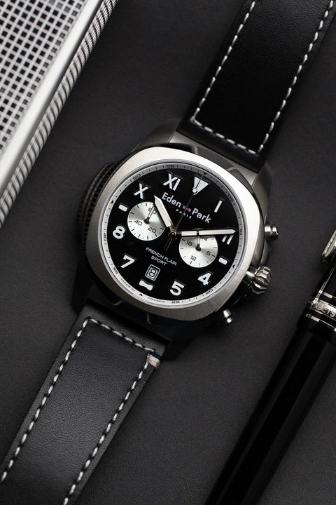 Montre à quartz chronographe en cuir noir - Image 2