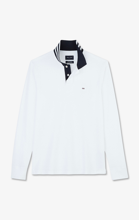 Polo manches longues blanc en coton avec col contrasté - Image 2