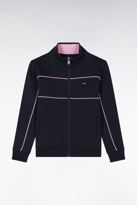 Sweatshirt en coton stretch zippé marine passepoils roses coupe droite - Image 1