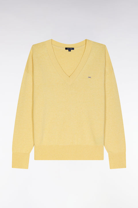 Pull col V en coton jaune coupe décontractée - Image 1