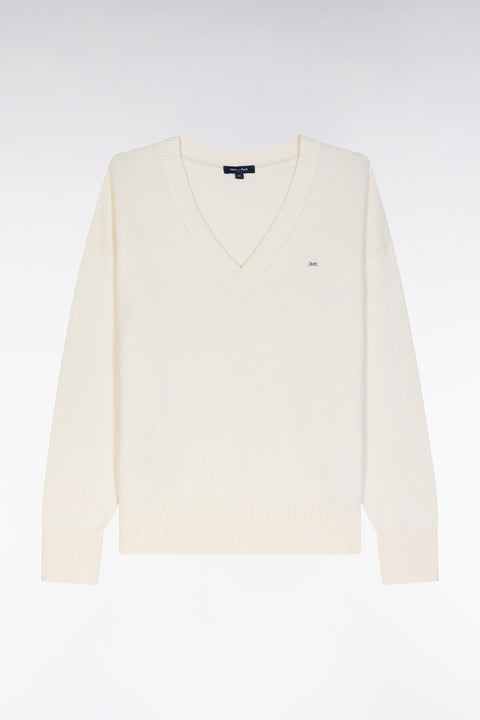 Pull col V en coton beige coupe décontractée - Image 2