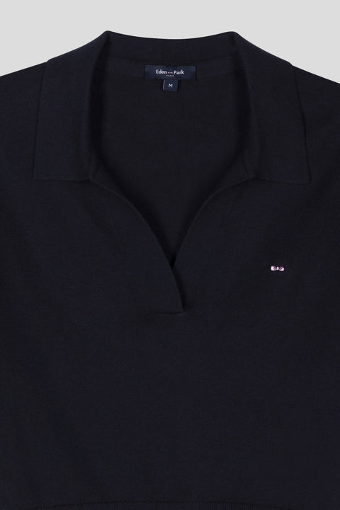 Pull col polo à manches courtes en coton biologique et cachemire marine coupe droite - Image 2