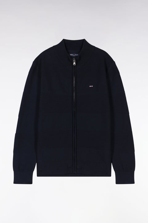 Cardigan zippé à col montant en coton marine cerclé coupe droite - Image 1