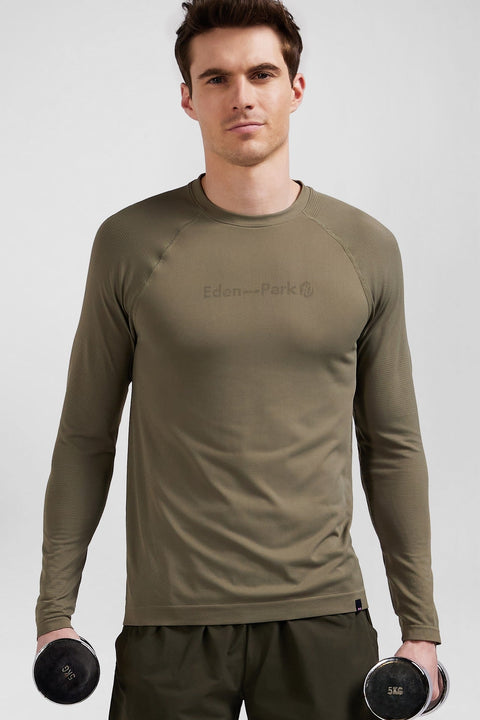 T-shirt de sport manches longues à détails cerclés kaki - Image 1