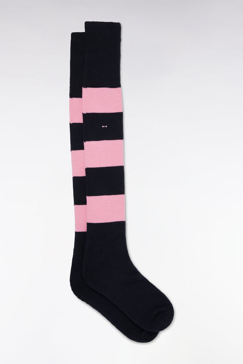 Chaussettes de rugby montantes cerclées roses et marine - Image 1