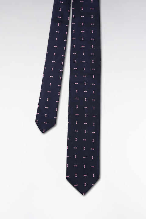 Cravate en soie marine à motifs nœud papillon rose - Image 1