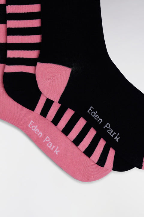 Lot de 3 paires de chaussettes cerclées marine et roses en coton stretch mélangé - Image 2