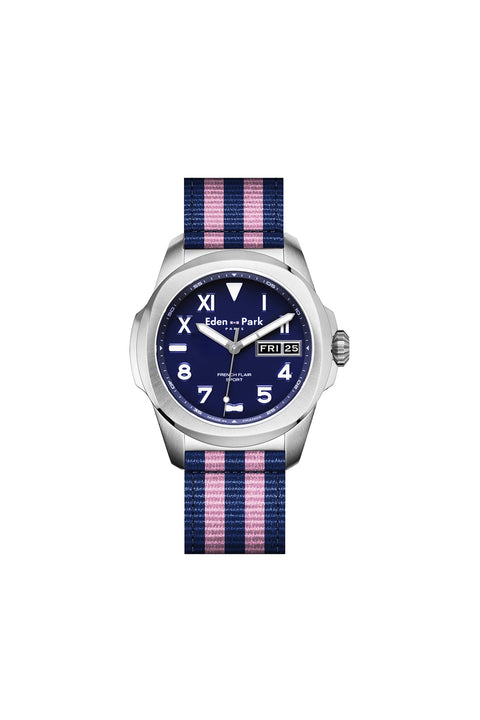 Montre à quartz indicateur date fond bleu bracelet NATO rayé - Image 1