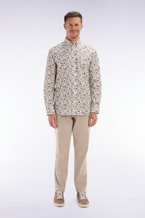 Pantalon chino sans pli en coton et lin stretch beige coupe droite - Image 1
