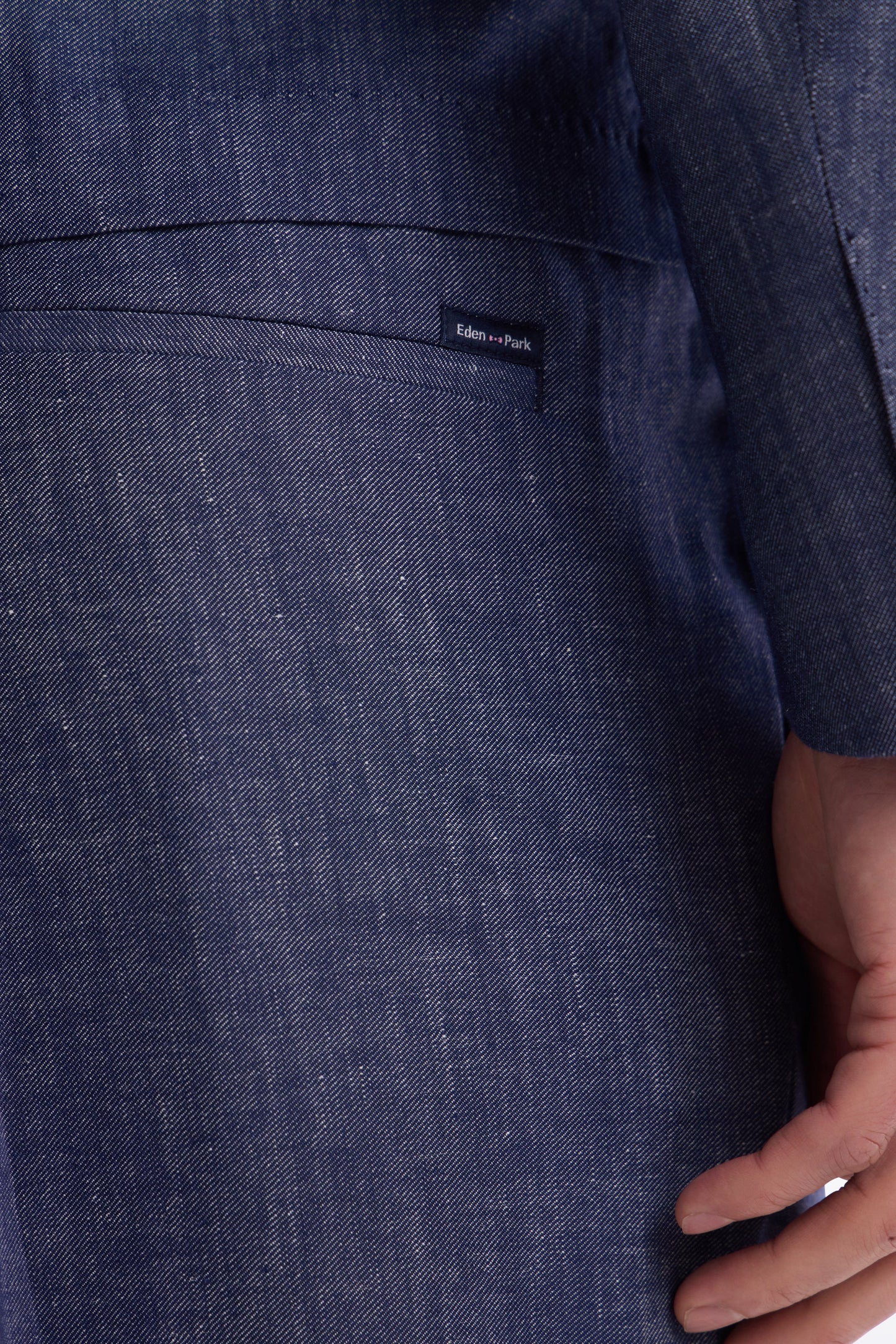 Pantalon à taille élastique en lin et coton stretch indigo