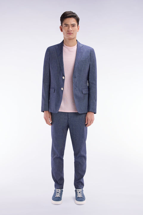 Pantalon à taille élastique en lin et coton stretch indigo - Image 1