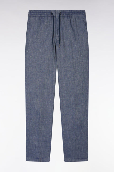 Pantalon à taille élastique en lin et coton stretch indigo - Image 2