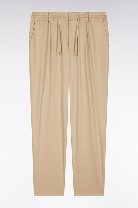 Pantalon à taille élastique en lyocell et coton stretch beige - Image 2