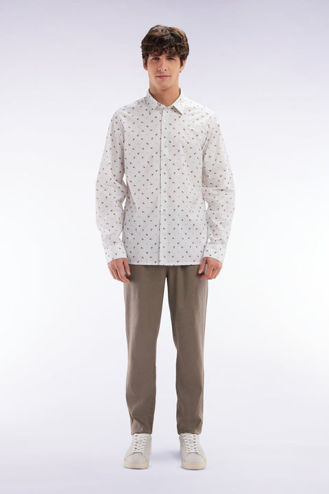 Pantalon fluide à taille élastique en lin et coton stretch marron - Image 1