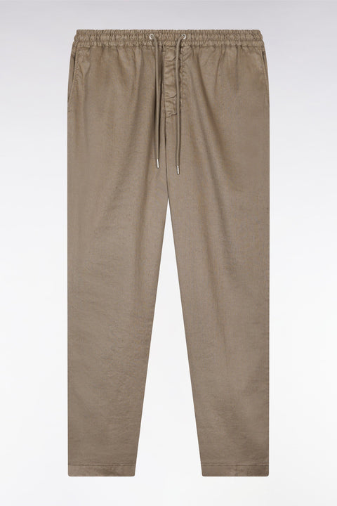 Pantalon fluide à taille élastique en lin et coton stretch marron - Image 2