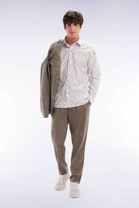 Pantalon fluide à taille élastique en lin et coton stretch marron - Image 3