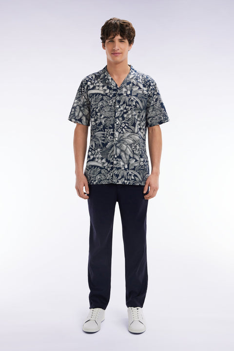 Pantalon fluide à taille élastique en lin et coton stretch marine - Image 1