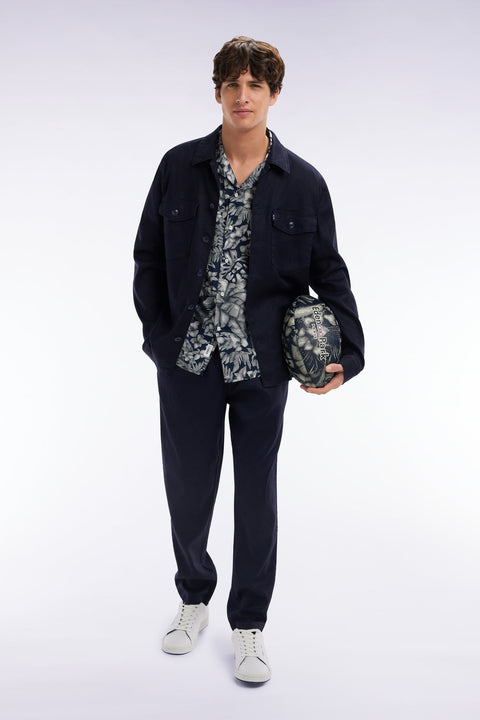 Pantalon fluide à taille élastique en lin et coton stretch marine - Image 2