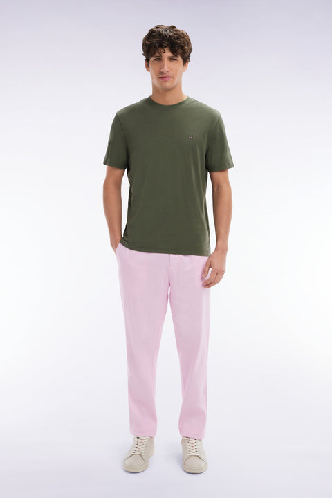 Pantalon fluide à taille élastique en lin et coton stretch rose - Image 1