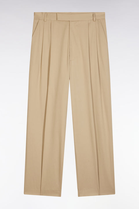 Pantalon à plis jambes larges en lyocell et coton stretch beige - Image 2