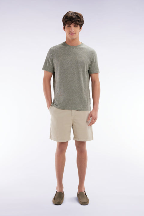 Short à taille élastique en coton stretch uni beige - Image 1
