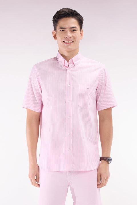 Chemise à manches courtes en coton rayé rose coupe droite - Image 1