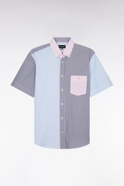 Chemise à manches courtes rayée en coton ciel rose et marine coupe droite - Image 2