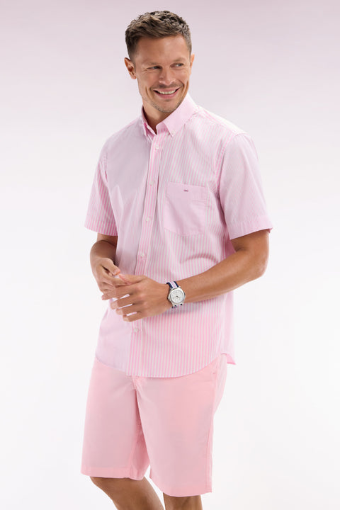Chemise à manches courtes en popeline de coton rayée rose coupe droite - Image 3