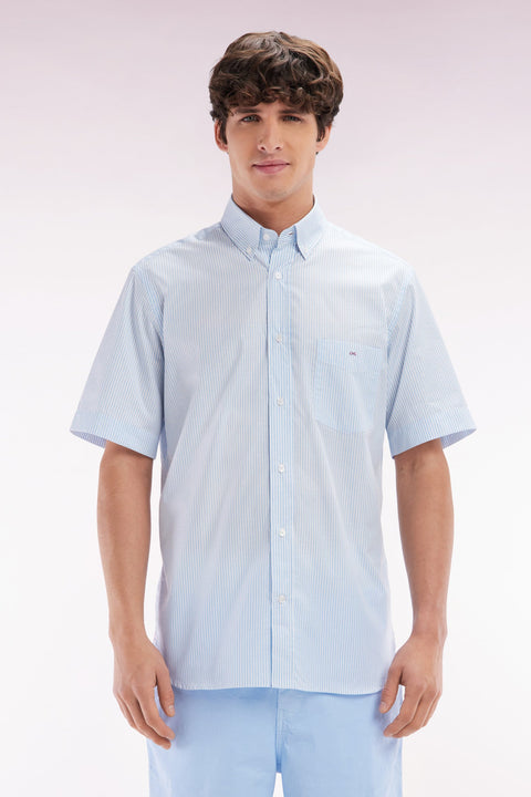 Chemise à manches courtes en coton tissage jacquard rayé ciel coupe droite - Image 1