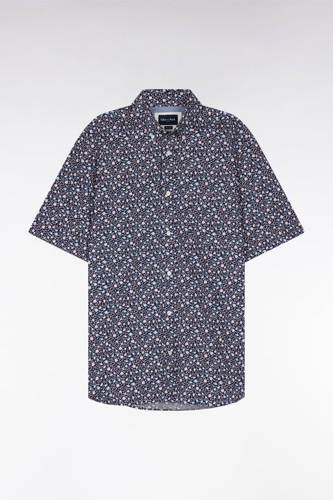 Chemise à manches courtes en popeline de coton marine imprimé floral rose coupe droite - Image 2