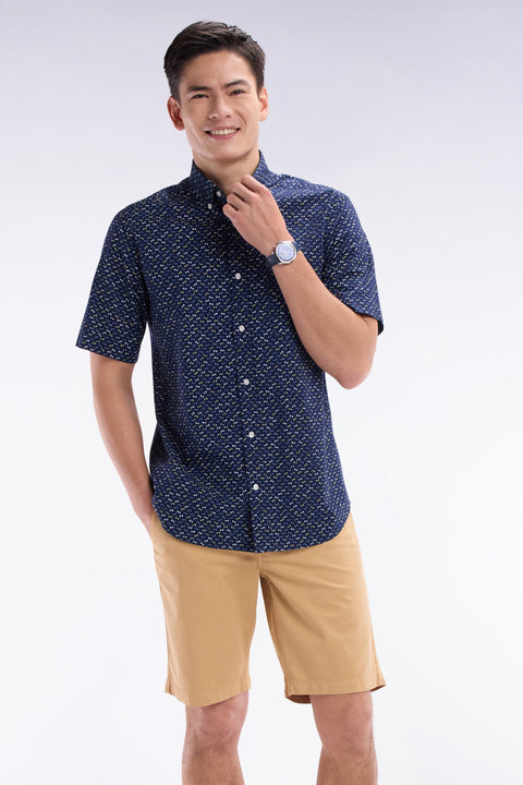 Chemise à manches courtes en popeline de coton gris foncé imprimé nœud papillon multicolore coupe droite - Image 3