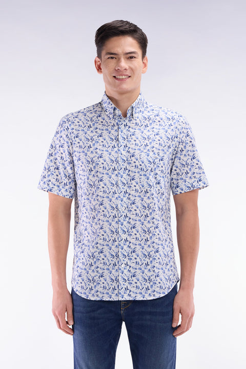 Chemise à manches courtes en popeline de coton bleue imprimé végétal coupe droite - Image 1