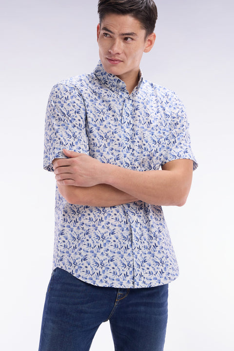 Chemise à manches courtes en popeline de coton bleue imprimé végétal coupe droite - Image 3