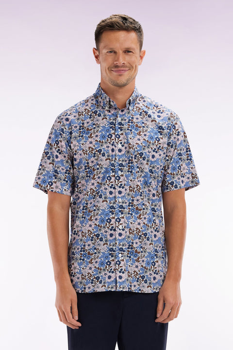 Chemise à manches courtes en popeline de coton bleue imprimé floral coupe droite - Image 1