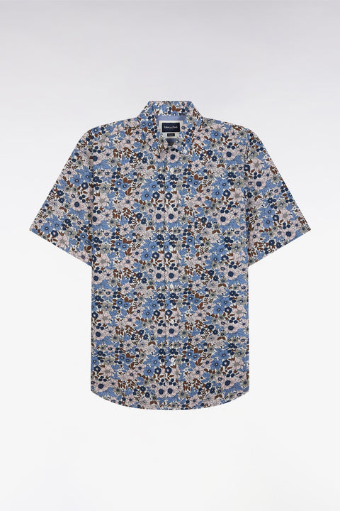 Chemise à manches courtes en popeline de coton bleue imprimé floral coupe droite - Image 2
