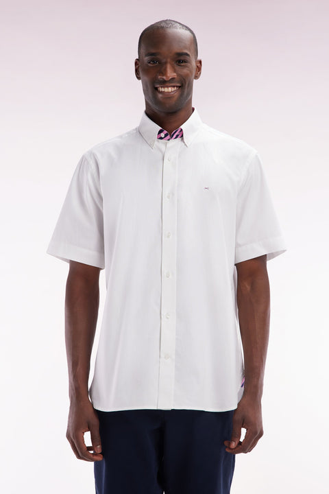 Chemise à manches courtes en coton blanc broderie dos rose coupe droite - Image 1