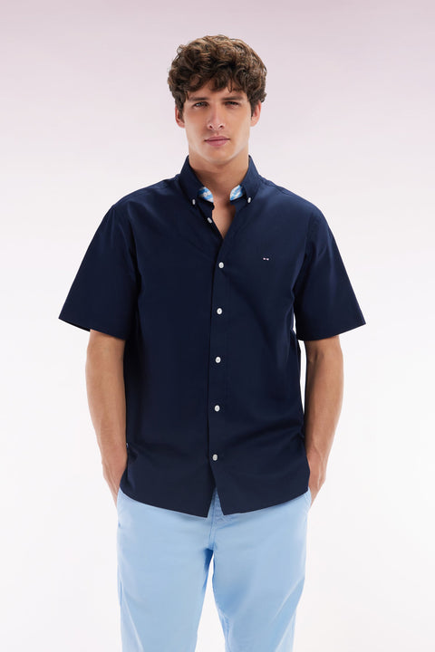 Chemise à manches courtes en coton marine broderie dos ciel coupe droite - Image 1