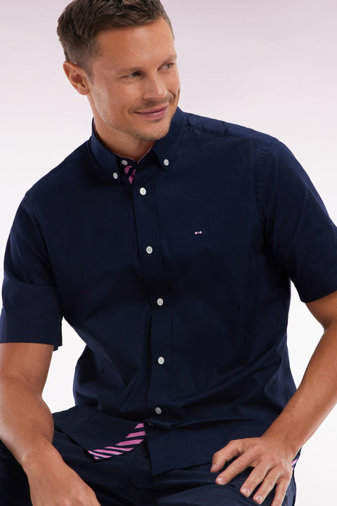 Chemise à manches courtes en coton marine broderie et patte de boutonnage cerclées coupe droite - Image 3