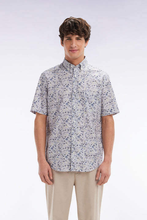 Chemise à manches courtes en popeline de coton Pima grise micromotif floral coupe droite - Image 1
