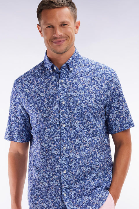 Chemise à manches courtes en popeline de coton Pima bleue micromotif floral coupe droite - Image 3