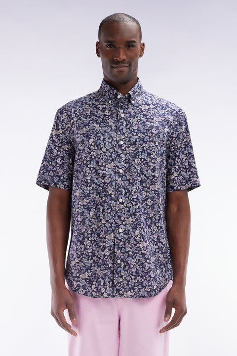 Chemise à manches courtes en popeline de coton Pima gris foncé micromotif floral coupe droite - Image 1