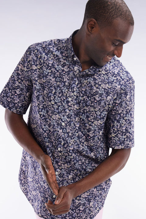Chemise à manches courtes en popeline de coton Pima gris foncé micromotif floral coupe droite - Image 3