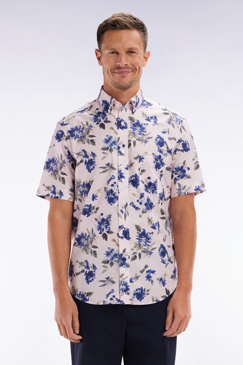 Chemise à manches courtes en popeline de coton Pima rose motif floral bleu coupe droite - Image 1