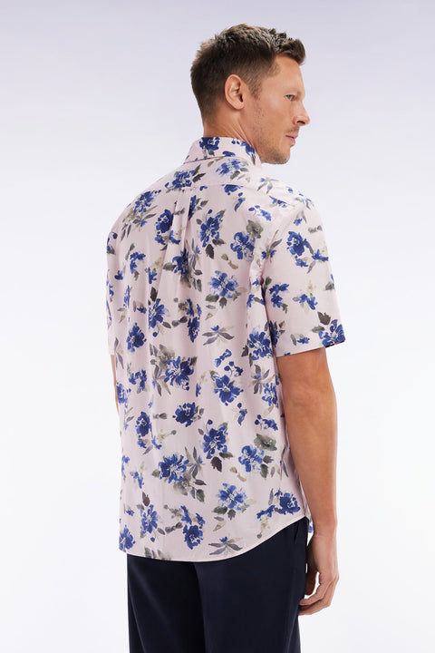 Chemise à manches courtes en popeline de coton Pima rose motif floral bleu coupe droite - Image 3