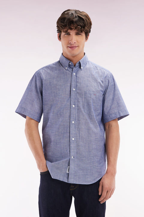 Chemise à manches courtes en coton texturé bleu foncé coupe droite - Image 1