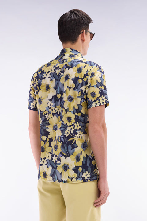 Chemise à manches courtes en popeline de coton marine motif floral jaune coupe droite - Image 3