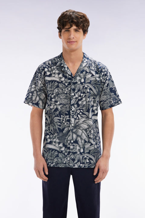 Chemise à manches courtes en coton marine imprimé jungle coupe ajustée - Image 1