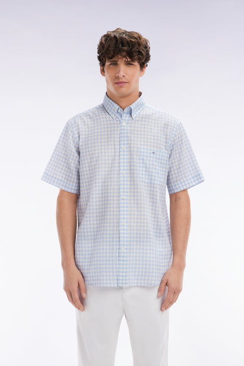 Chemise à manches courtes en coton à carreaux Vichy ciel coupe droite - Image 1