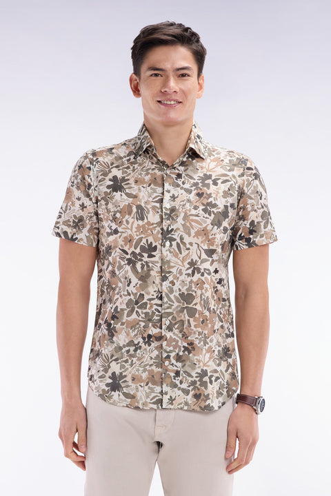 Chemise à manches courtes en coton imprimé floral kaki coupe ajustée - Image 1