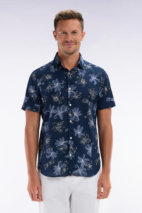 Chemise à manches courtes en coton marine imprimé fleurs coupe ajustée - Image 1